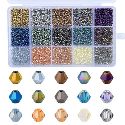 4500pcs 2mm Bicone Crystal Beads, Bulk Small Faceted Bicone Glass Beads for Jewelry Making DIY Craft Bracelet Necklace Earring with Container Box (15 Plated Metallic Colors) - size: 2mm