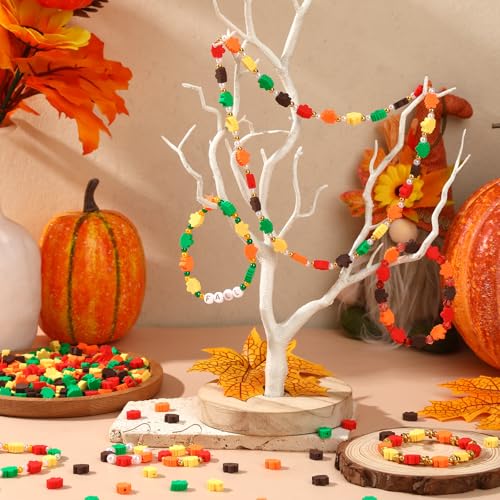 Fall Polymer Clay Beads, 300pcs Fall Mapel Leaf Clay Beads for Jewelry Making Thanksgiving Autumn DIY Bracelet Necklace Accessories Craft Party Supplies - color: Red Orange Yellow Green Brown