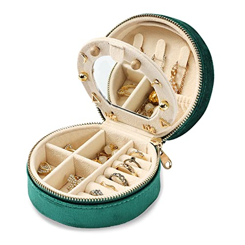 Dajasan Velvet Jewelry Box, Mini Travel Jewelry Case, Small Portable Travel Jewelry Organizer Box with Mirror for Women Girls (Green) - color: Emerald Green 1, size: Round Mirror