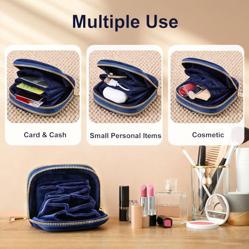 Travel Jewelry Case for Women, Double Layer Velvet Jewelry Pouch with Double Zipper, Small Travel Jewelry Organizer for Rings Earrings Bracelets, Mini Jewelry Travel Bag (Blue)