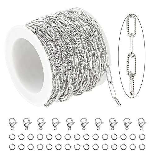 16.4 Feet Silver Stainless Steel Chain Bulk Embossed Paperclip Chain for Jewelry Making Soldered Oval Necklace Chain Roll with Lobster Clasps and Jump Rings Jewelry Supplies DIY Craft - color: Embossed Paperclip Silver
