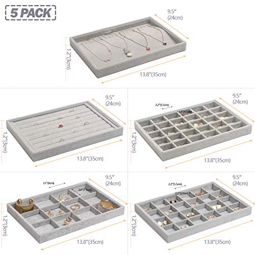DIOMMELL 5 Pack Stackable Velvet Jewelry Trays Organizer, Jewelry Display Storage Box Showcase Holder Dresser Drawer Organizer for Earring Necklace Bracelet Ring Accessary, Grey
