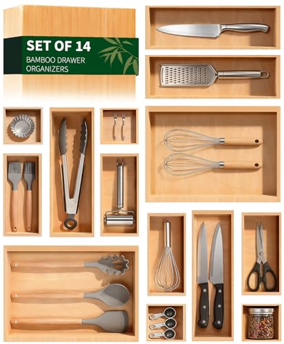 Bamboo Drawer Organizer 14 Pcs for Kitchen Multi-purpose Storage Dividers for Kitchen, Office, Jewelry, Cosmetics, Wooden Drawer Dividers for Drawer Organizer Desk Organizer Gift for Women Gifts Idea - size: 14 Pcs