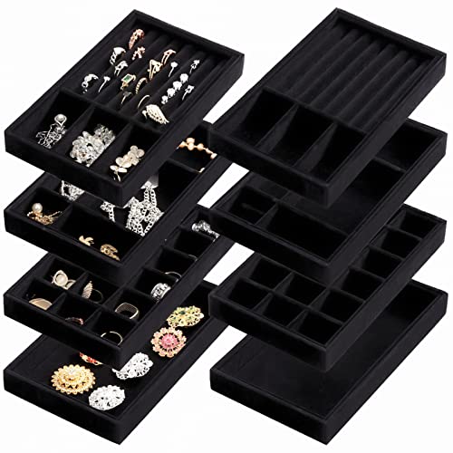 Elsjoy 8 Pack 4 Styles Black Velvet Jewelry Trays, Jewelry Organizer Tray Stackable Jewelry Storage Tray for Drawer, Rings, Earrings, Necklace