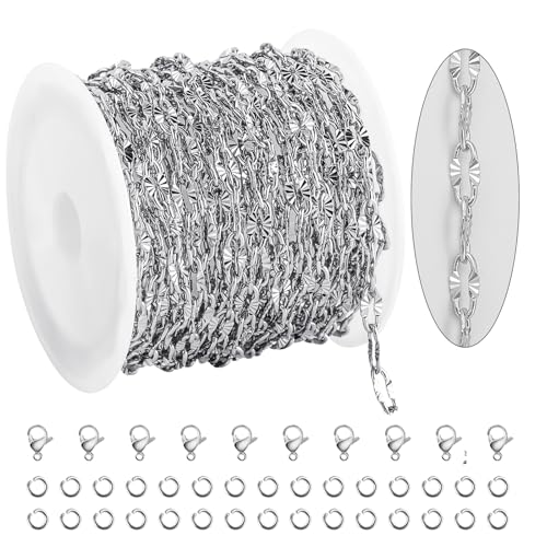 KYUNHOO 16.4 Feet Silver Stainless Steel Chains Bulk Embossed Lip Chain Roll Soldered Cross Link Chains Cable Chain with Jewelry Clasps for Handcraft Making - color: Cross Oval Silver