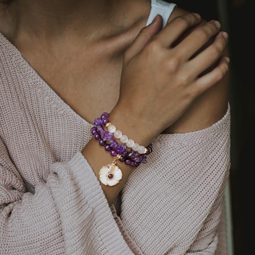 Vinswet Healing Crystal Beaded Bracelets for Women,Natural Amethyst Gemstones Bracelet,Anxiety Stress Relief Heart Charm Bracelet Handmade purple Jewelry Gifts for Women - color: Amethyst&Flower