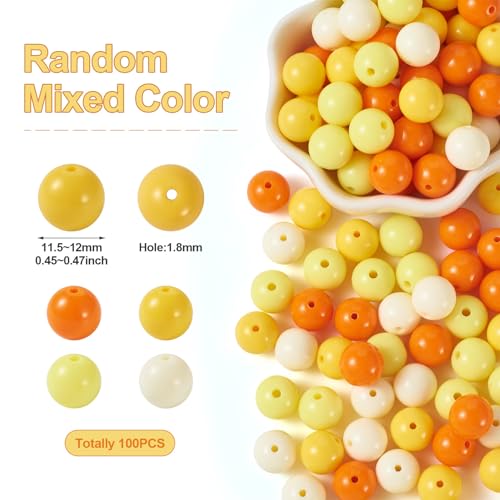 100 Pcs 11.5-12mm Bubblegum Beads Opaque Acrylic Chunky Loose Spacer Round Focal Beads for Jewelry Making Bracelet Necklace Keychain Craft Art Making,Hole:1.8mm,Yellow - color: Yellow