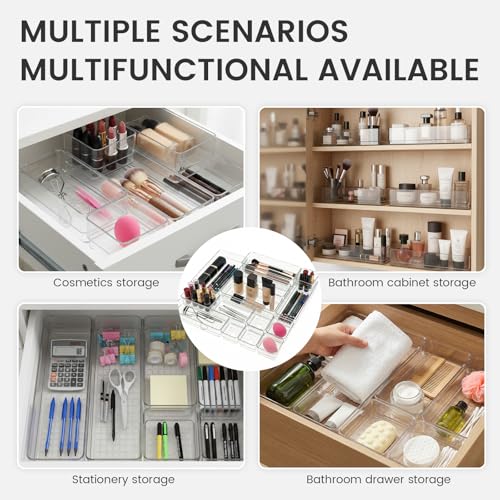 27 PCS Clear Plastic Drawer Organizer Set, 4 Sizes Acrylic Drawer Storage Trays Non Slip Storage Bins for Makeup, Jewelry, Gadgets for Kitchen, Bedroom, Bathroom, Office - style: 27 PCS with 4 sizes