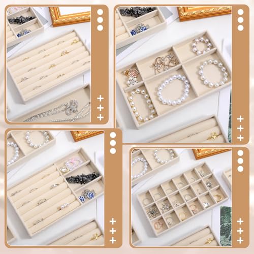 10 Pack Beige Jewelry Organizer Tray, Jewelry Drawer Organizer Inserts with Removable Dividers Stackable Velvet Ring Earring Storage for Rings Earrings Necklace Bracelet Watch Storage