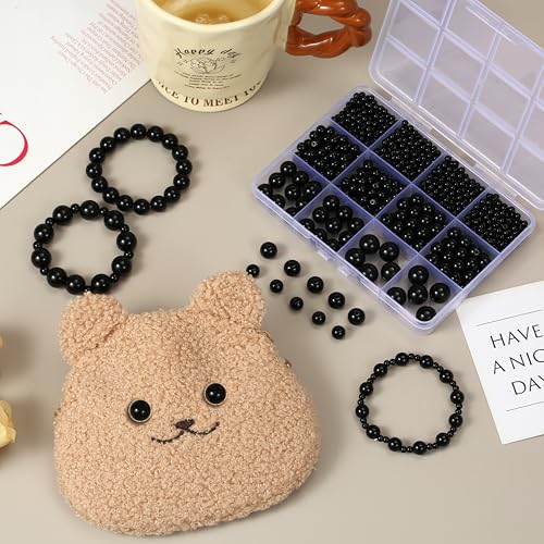 1200Pcs Black Beads, Acrylic Pony Beads, 4/6/8/10/12mm Round Smooth Bead for Bracelets, Spacer Pearl Craft Beades for Bracelet Necklace Jewelry Making (Black) - color: black