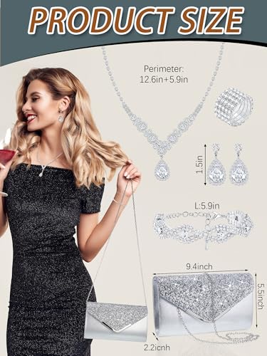 Henoyso 5 Pcs Rhinestone Jewelry Sets Prom Purse Jewelry Rhinestone Clutch Purse Bride Necklace Earrings Bracelets for Women - color: Silver