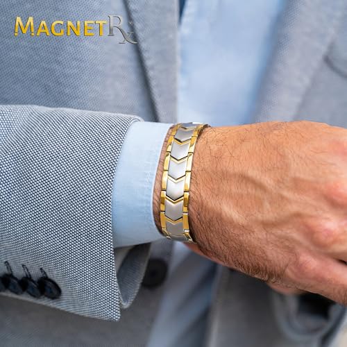MagnetRX® Ultra Strength Magnetic Bracelet – Effective Stainless Steel Metal Bracelets for Men – Adjustable Length with Sizing Tool for Perfect Fit (Silver & Gold) - color: Gold & Silver Arrow Style (2X Strength)