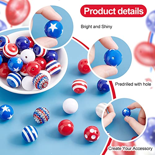 PH PandaHall 4th of July Beads, 50pcs Bubblegum Beads 20mm Chunk Pen Beads Patriotic Beads Blue Red Beads Acrylic Stripe Beads Large Beads for Independence Day Flag Day Garland Sports Jewelry Making - color: Blue Red
