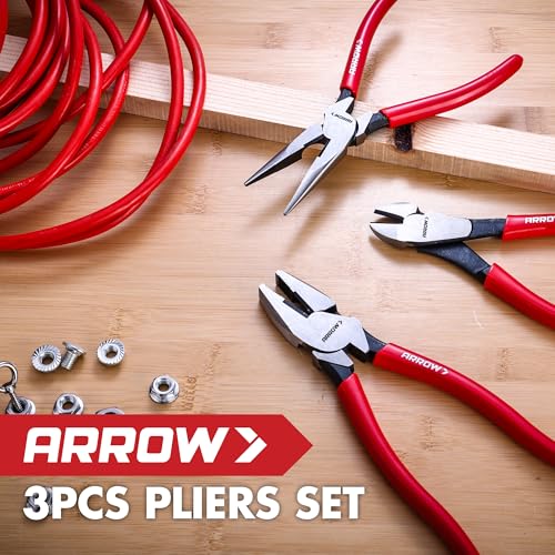 ARROW 3PCS Pliers Set, 8" Needle Nose Pliers, 7" Diagonal Plier, 8" Linesman with Non-slip Handle, Premium Carbon Steel, High Leverage Design - style: 8" Needle Nose/7" Diagonal/8" Linesman
