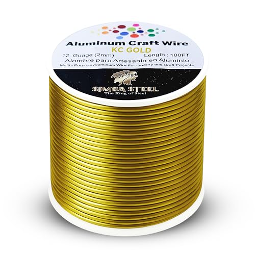 12 Gauge 100FT Aluminum Jewelry Wire for Crafts, Sculpting, Bendable for Crafts, Wire for Jewelry Making, Floral & Beading Use, KC Gold Color, Simba Steel (KC Gold 100FT) - style: KC Gold 12 G (2mm) x 100 FT