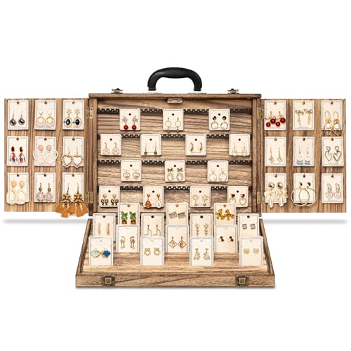 Earring Display for Selling, Portable Wood Jewelry Display Case, Large Capacity Jewelry Display for Selling, Earring Card Holder Organizer with Lock for Earrings, Bracelets, Necklaces - color: Brown and Brown, size: 1 Pack