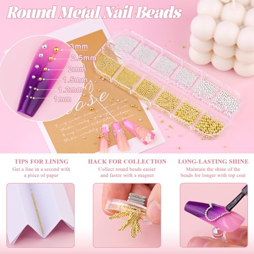 1-3MM Mini Small Nail Beads Metal Caviar Beads Silver Gold Nail Charms and Gems Ball, Nail Balls for Nail Art Accessories Supplies Gold Rhinestones for Women Manicure - color: 12 Small Silver and Gold Nail Beads