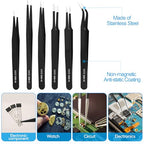 YHYZ 9PCS Precision Tweezers Set, Upgraded Anti-Static Stainless Steel Precise Tweezers (Fine, Curved, Flat), Perfect for Craft, Electronic, Soldering, Model, Hobby, Jewelry Making, Laboratory - style: 9pcs with case, V2