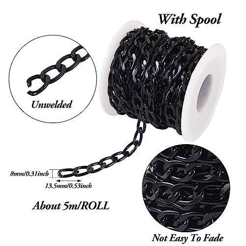 Craftdady 16.4 ft Aluminum Curb Chain 13.5x8mm Twisted Black Chain Unwelded Hanging Chain Link Necklace Chain with Spool for DIY Crafts Jewelry Making - color: Black, 13.5x8mm
