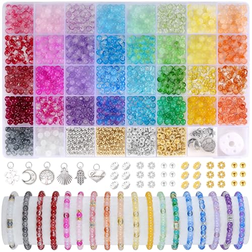 Funtopia Glass Beads for Bracelets 6mm, 1396pcs Bracelet Making Kit 34 Colors Glass Beads for Jewelry Making, Crystal Beads for Bracelets DIY Crafts with Spacer Beads and Charms - color: #6 Multicolored Variations, size: 6mm
