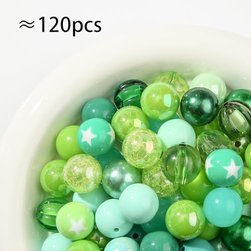 20mm Acrylic Beads 120pcs Green Chunk Bubblegum Bead 20mm Multicolor Beadable Pen Ball Beads for Pen Bag Jewelry Making Necklace Bracelets (Green) - color: green