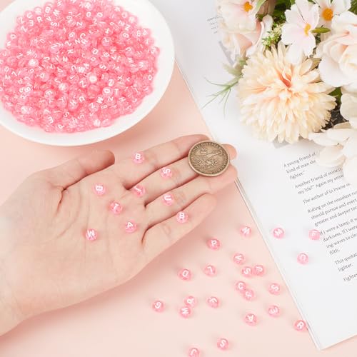 1000Pcs Transparent Letter Beads Acrylic Mixed Alphabet Beads Flat Round Disc Spacer Bead White Alphabet Pattern Loose Bead for Bracelet Necklace Jewelry Making 7x4mm Pearl Pink - color: Pearl Pink