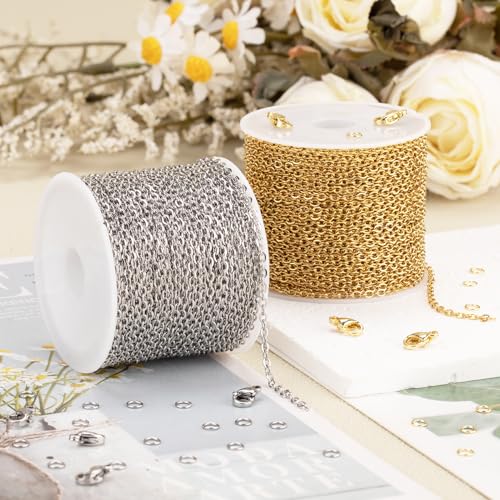 SMYHTGLIF Total 65.6 Feet Gold & Silver Jewelry Making Chains 2 Rolls Stainless Steel Chain for Jewelry Making Thin Oval Cable Chain Craft Chain Bulk - size: 2.6×2mm