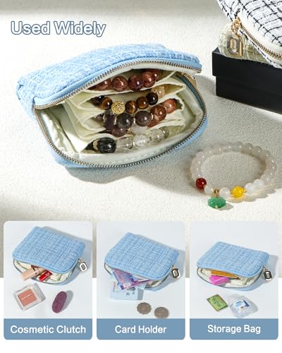 Travel Jewelry Case, Small Tweed Jewelry Bag with Zipper, 5-Layer Anti-Scratch Pouch for Bracelets Necklaces Earrings, Tangle-Free Jewelry Storage, Gift for Her Tweed Blue - color: WOVEN-Blue
