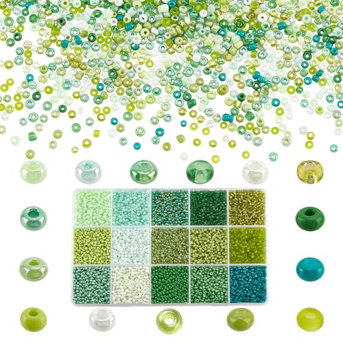 PH PandaHall 12000pcs 2mm Green Seed Beads, 12/0 Glass Seed Beads Round Waist Bead Mini Spacer Bead for Earrings Bracelet Necklaces Eyeglass Chain Jewelry DIY Crafts Making - color: 15 Green Colors, size: 2mm