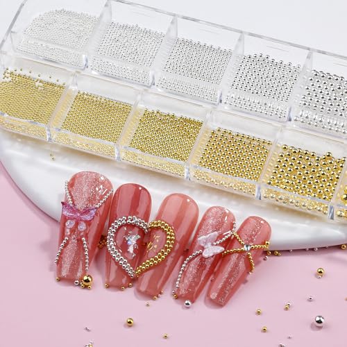 3D Mini Small Metal Stainless Steel Caviar Nail Beads Balls, 0.8-3mm Gold Silver Alloy Nail Art Chain Charms Studs with Tweezers and Dual-end Brush (1-K1-metal-beads) - color: 1-K1-metal-beads