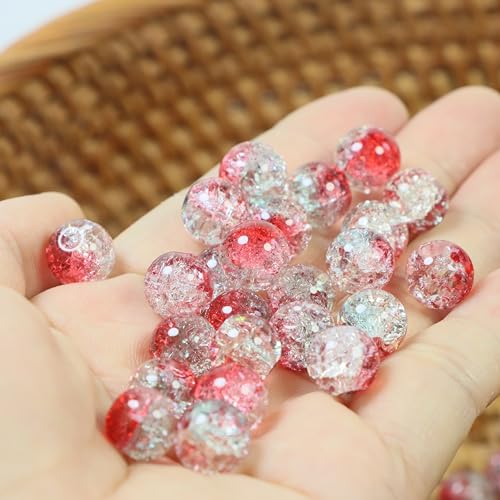 100Pcs 10mm Crackle Glass Beads for Jewelry Making - Round Spacer Crystal Beads Bulk, DIY Craft Supplies for Necklace Bracelet Earrings (Red Light Green Transparent) - color: Red Light Green Transparent