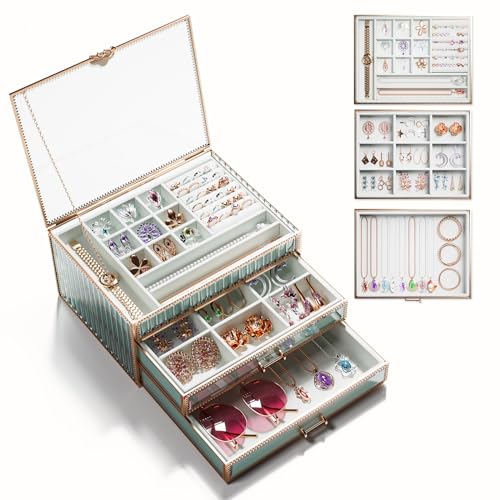 CoralHouse Large jewelry boxes & organizers,3-Layer Glass Jewelry Organizer with Velvet Lining and Copper Handles - for Rings, Earrings, Necklaces, Bracelets, and Watches. - color: white gold