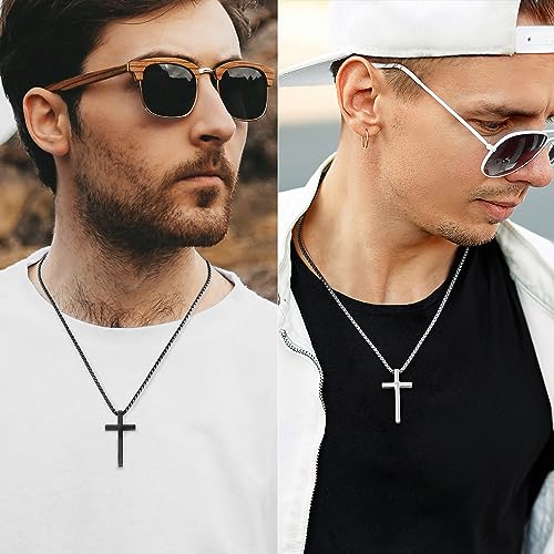 Romass 2 Pcs Cross Necklace for Men Boys,Stainless Steel Pendants Silver Black Gold Crosses Chain Jewelry Gifts Box 16-30 inches - size: 16 in, style: 2Pcs(silver+gold) 1.7 "* 1.0'' pendant