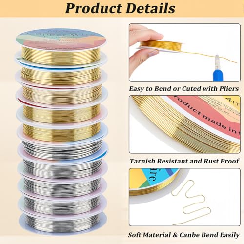 Beebeecraft 206FT 10 Rolls Copper Craft Wire Jewelry Wire Roll 18/20/22/24/26 Gauge Silver Gold Round Electroculture Gardening Artwork Metal Cords for Beading Plants Crafts Projects Jewelry DIY Making