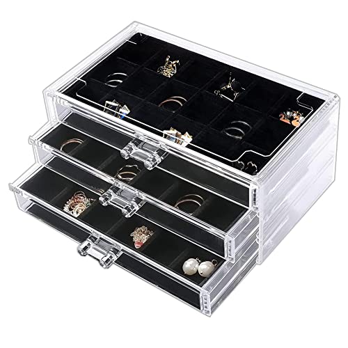 YUFONG Earring Organizer Box Acrylic Jewelry Organizer with 3 Drawers 54 Adjustable Grids Clear Stackable Earring Holder Velvet Trays Ring Display Case for Women Girls (Black) - color: Black