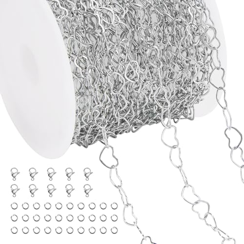 Jabogrii 5 Meters Stainless Steel Heart Chain for Jewelry Making Silver DIY Craft Jewelry Making Chain with Lobster Clasps and Jump Rings - color: Hollow Heart Silver