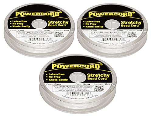 Power Cord, Pack of 3 Powercord Elastic 0.5mm Clear 25-Meter Spools Jewelry-Making Stretchy Cord (75 Meters / 246 feet Total)