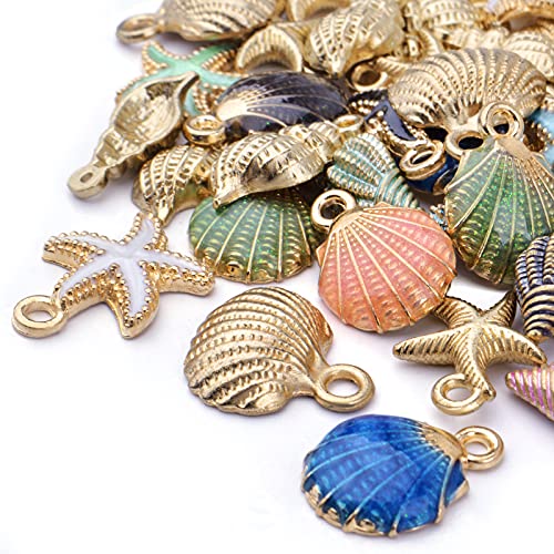60pcs Alloy Ocean Starfish Seashell Conch Charms Colorful Enamel Ocean Life Sea Animal Pendants Charms Craft Supplies for Woman DIY Jewelry Making Birthday Wedding Party Favor Gifts