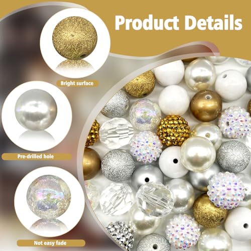 50Pcs Chunky Bubblegum Beads, 20mm Chunky Bubble Gum Beads for DIY Beadable Pens Bracelets Necklaces Pearl Beaded Craft Jewelry Making (Gold White Silver) - color: Gold+White+Silver