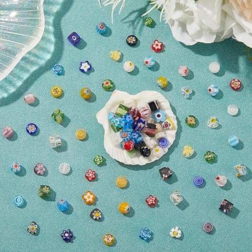 1 Box 6 Styles 180PCS Mixed Millefiori Handmade Lampwork Glass Beads with Holes Assorted Flower Heart Flat Round Shape Cube Loose Charms Bead for Jewelry Making Bracelets DIY Craft Supply - size: 180Pcs 6mm, style: Mixed