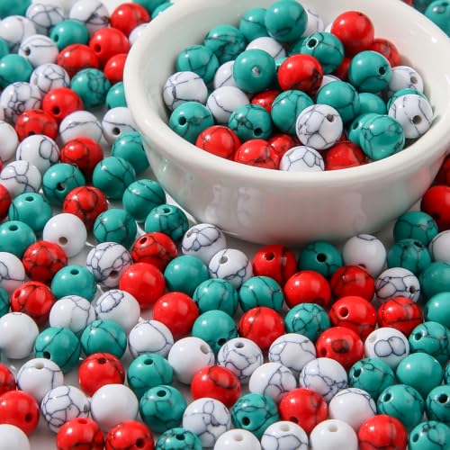 8mm Turquoise Beads 190pcs Christmas Natural Stone Gemstone Bead Round Loose Beads for DIY Crafts Bracelet Necklace Earrings Jewelry Making (Green&red) - color: green&red