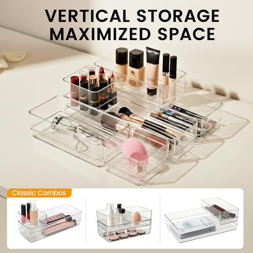 6 PCS Clear Plastic Drawer Organizer Set, 2 Sizes Acrylic Drawer Storage Trays Non Slip Storage Bins for Makeup, Jewelry, Gadgets for Kitchen, Bedroom, Bathroom, Office - style: 6 PCS with 2 sizes