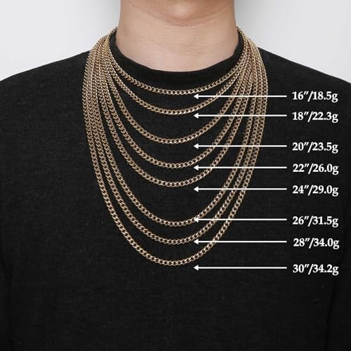 HZMAN Cuban Chain for Men - Stainless Steel Gold & Silver Diamond Cut Hip Hop Link Chains - 3.5mm/5mm/7mm/9mm - 16-30 Inch - color: 3.5mm Gold, size: 20In