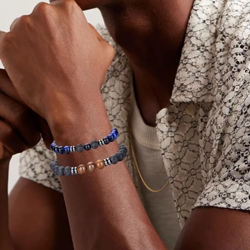 RANKEEF Tiger Eye Bracelet For Men 8MM Natural Stone Stretch Adjustable Black Crystal Beaded Bracelet for Men Women Gifts - color: 3,blue,tiger eye