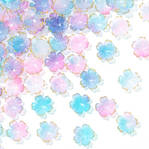 100pcs Cherry Blossom Beads, 5-Petal Gradient Acrylic Flower Beads, Mini Spacer Hair Accessories Halloween Christmas for Bracelets Earring Jewelry Making- Blue & Purple2 - color: Blue & Purple2