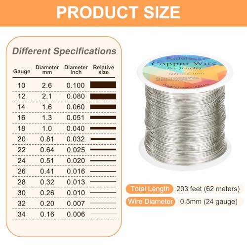 HARFINGTON Wire 203ft Length 24 Gauge Copper Craft Jewelry Wrapping Wire Tarnish Resistant Beading for Jewelry Making Supplies Crafting, White - color: White
