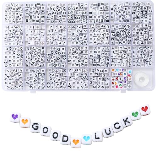 Acrylic Letter Beads 4mm Flat Round, 6mm Square - Beads for Making Friendship Bracelet or Necklace (28 Pieces of Square White with Black) - color: 28 pieces of square white with black