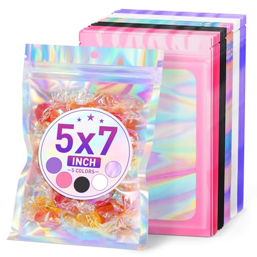 ANZNKU 50 Pcs Holographic Mylar Bags Mixed Color, 5x7 Inch Resealable Mylar Bag for Food Storage, Small Business Packaging Bags for Jewelry & Candy, Smell Proof Bag for Party Favor, Easter - color: Multicolor Holographic, size: 5x7 Inch
