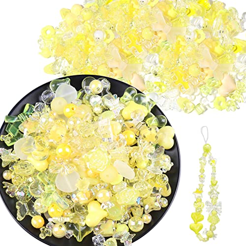 150g(170~230pcs) Aesthetic Acrylic Assorted Beads Cute Beads for Jewelry Making Kawaii Flower Heart Star Butterfly Bow Round Beads Bulk for Bracelets Making Necklaces DIY Crafts (Yellow) - color: 150g-Yellow