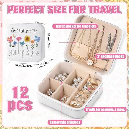 Kacctyen 12 Pieces Mini Travel Gift Jewelry Case Bulk God Says You Are Gifts for Women Christian with Flowers Mother's Day Church Gift for Secretary Day Birthday Inspirational Leather Jewelry Case - color: Bible